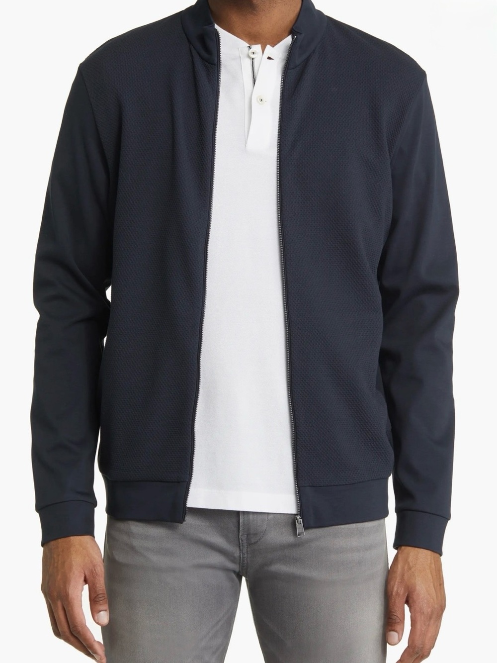 BOSS Hugo Boss Mens L Navy Blue Textured Full Zip Jacket Mock Neck